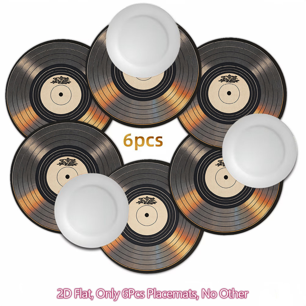 TEMU [2D Plat] 6 assiettes de table rondes, avec motif de disque vinyle, antidérapantes, lavables à et réutilisables, parfaites pour la décoration