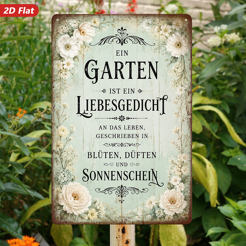 TEMU 2D-Flach, . Metallschild Wandkunst, Vintage Deutscher Text Garten-Wandkunst, Blumendesign, Romantischer Stil, , für Wohnzimmer, Schlafzimmer,