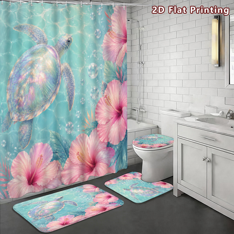 4pcs Iridescent Sea Turtle Shower Curtain & Bath Mat Set