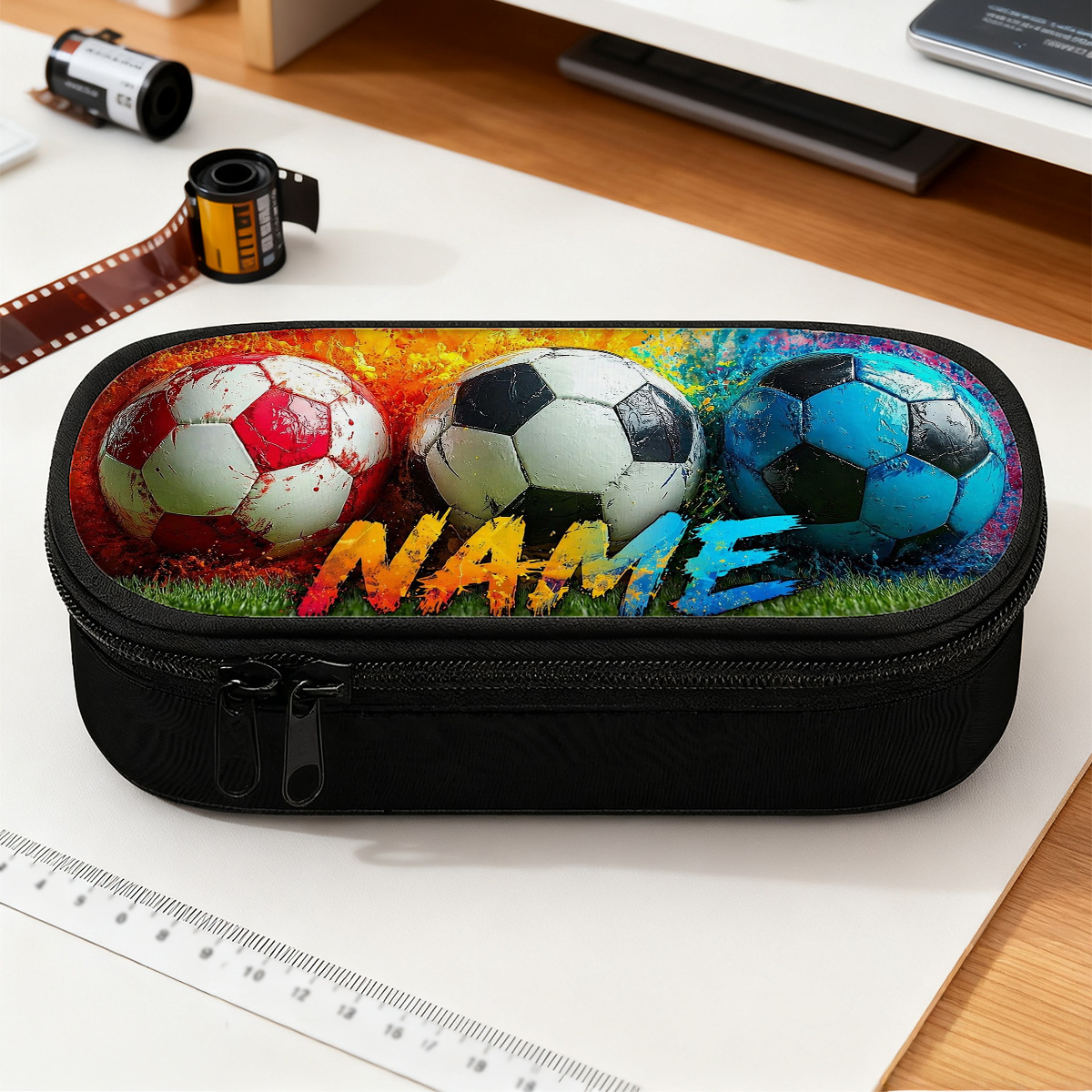 TEMU Trousse à crayons personnalisée 1pc avec motif plat 2D de ballons de foot, grande taille, avec compartiments zippés, trousse à crayons