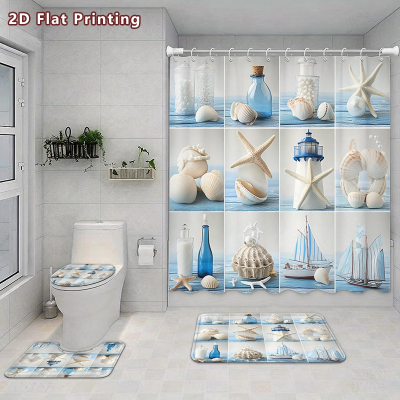 4pcs Rustic Blue & White Seashell Shower Curtain Set with Accessories