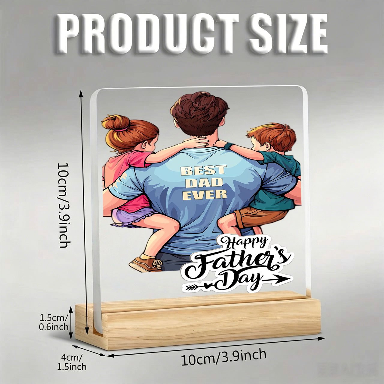 TEMU 1pc Cartoon Hug "best Dad Ever" Slogan Ornament, Inspirational Acrylic Decoration With Wooden Base, Paperweight, Desk Ornament, Office Desk