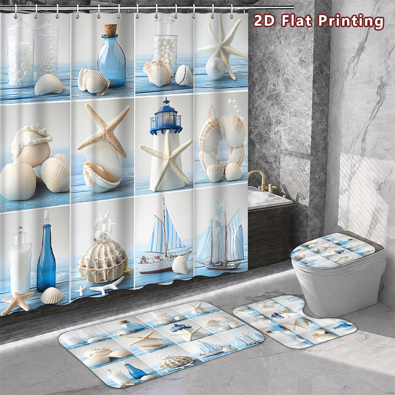 4pcs Rustic Blue & White Seashell Shower Curtain Set with Accessories