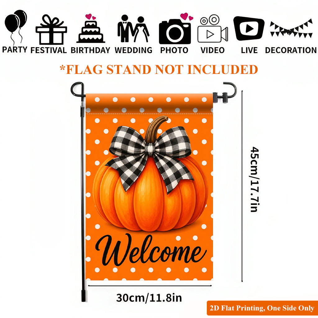 TEMU 2d Flat, 2d Flat Printing Garden Flag 1pc, Welcome Pumpkin Decoration Durable Single-sided Print Yard Flag, Garden & Home Holiday Decoration,