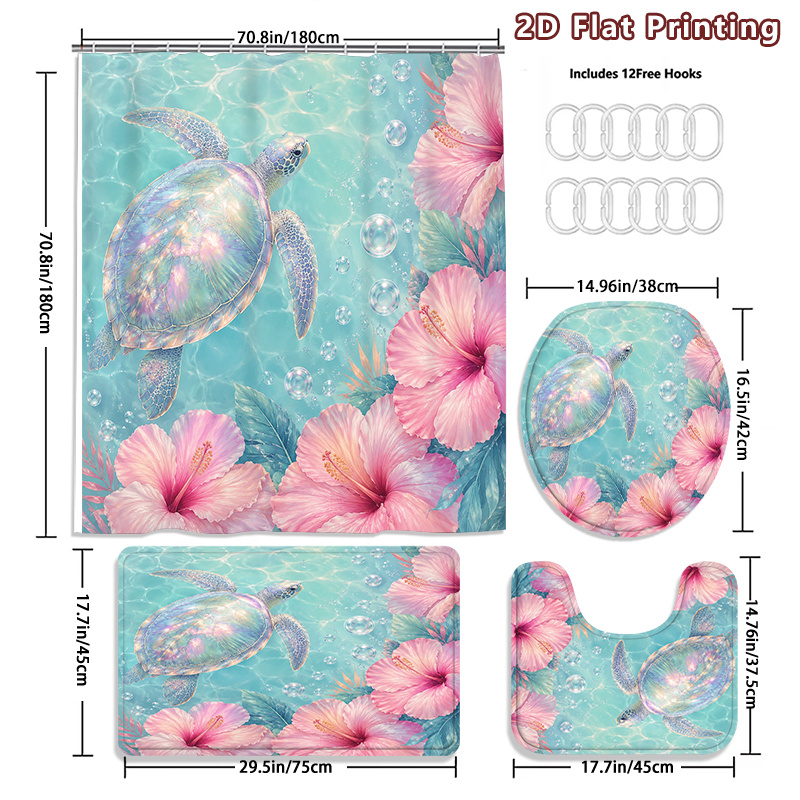 4pcs Iridescent Sea Turtle Shower Curtain & Bath Mat Set