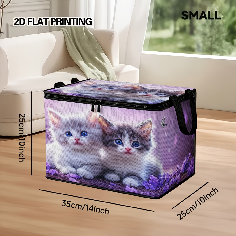 TEMU 1 Upgraded Large-capacity Storage And Organization Box, 2d Flat Design, Featuring A Cute Cat And Purple Flower Pattern - Perfect For Seasonal