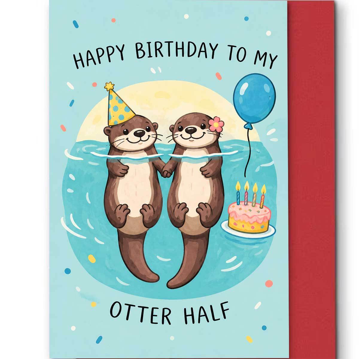 TEMU 1 Set (an Envelope And A Card) - A Warm And Adorable Otter Birthday Card Featuring "happy Birthday To My Otter Half." 2 Holding Hands A Birthday
