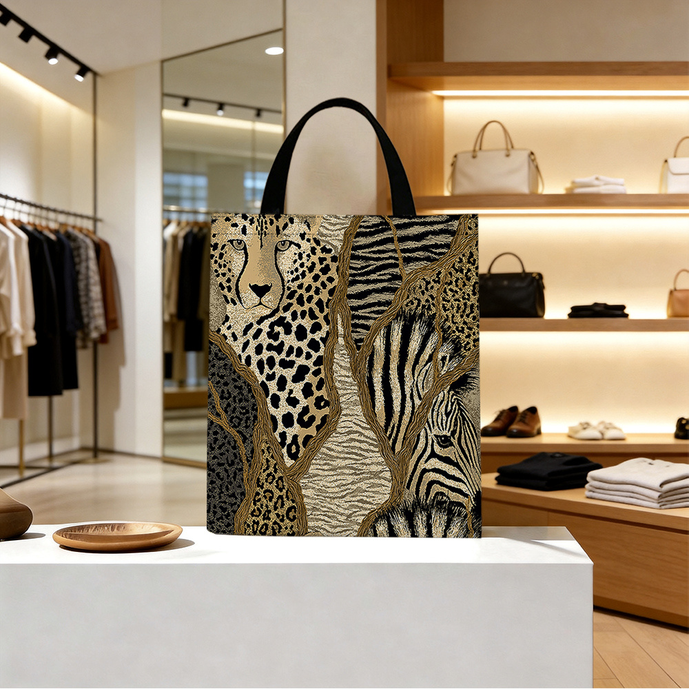 TEMU 1 sac en toile à imprimé animalier léopard-zèbre vintage doré, sacs d'épicerie réutilisables durables de grande capacité personnalisés