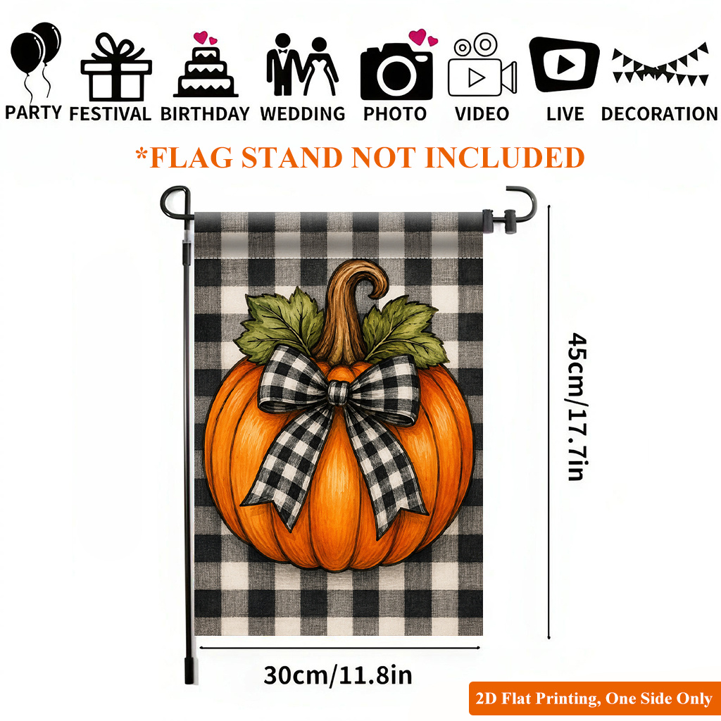 TEMU 2d Flat - 2d Flat Printing Garden Flag 1pc, Pumpkin With Checkered Bow Durable Single-sided Print Yard Flag, Garden And Home Holiday Decoration,