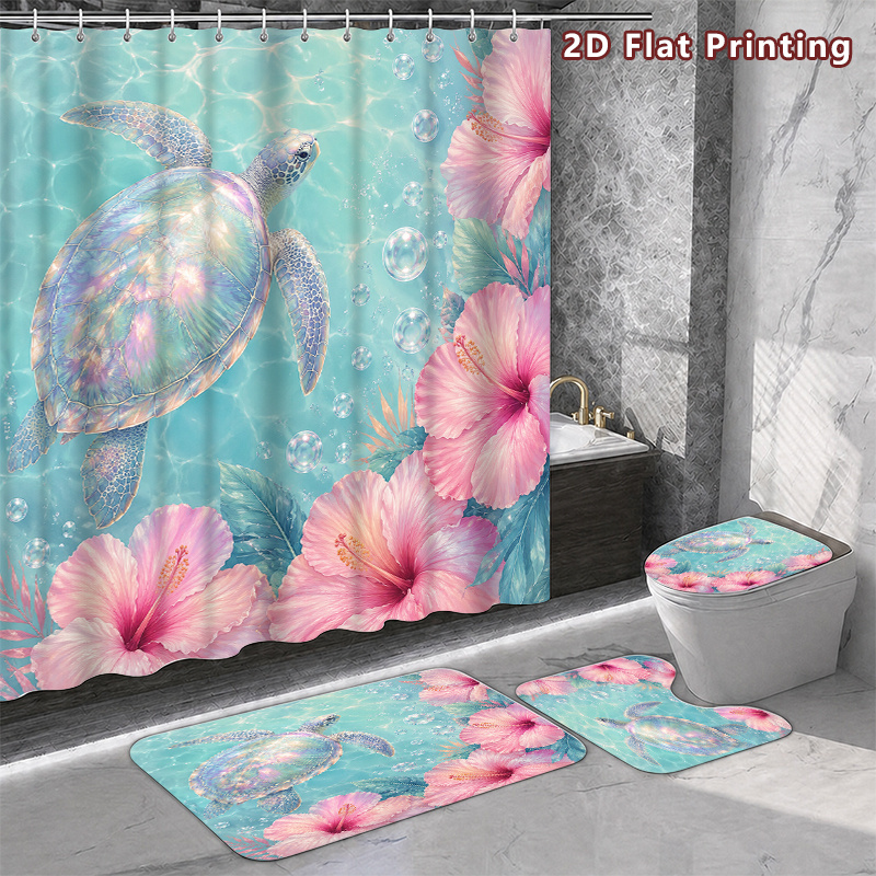 4pcs Iridescent Sea Turtle Shower Curtain & Bath Mat Set
