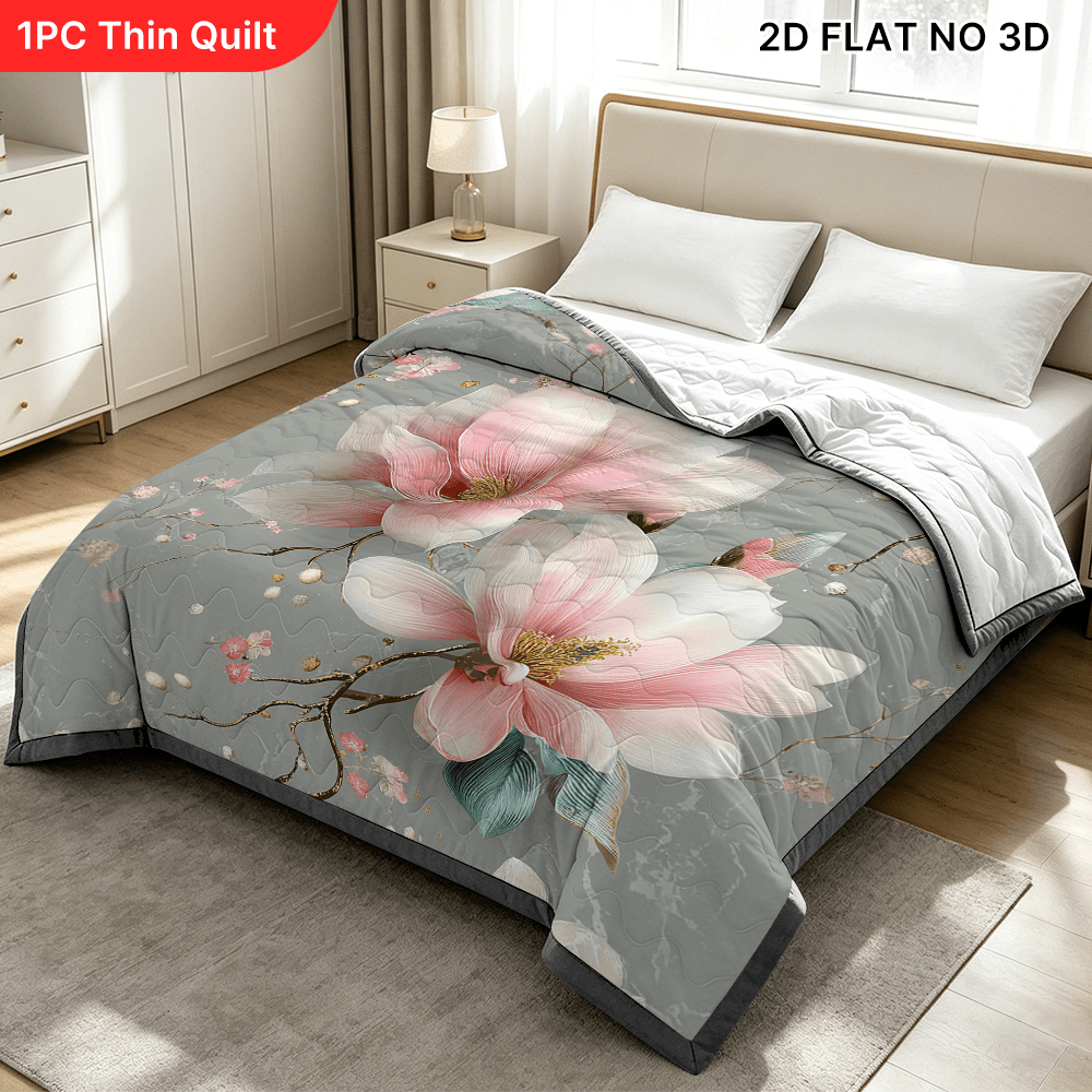TEMU 1pc Cooling Summer Quilt Suitable For Dorms & Bedrooms, Lightweight Bedspread With Spring Magnolia Blossoms, Soft Quilted Blanket For