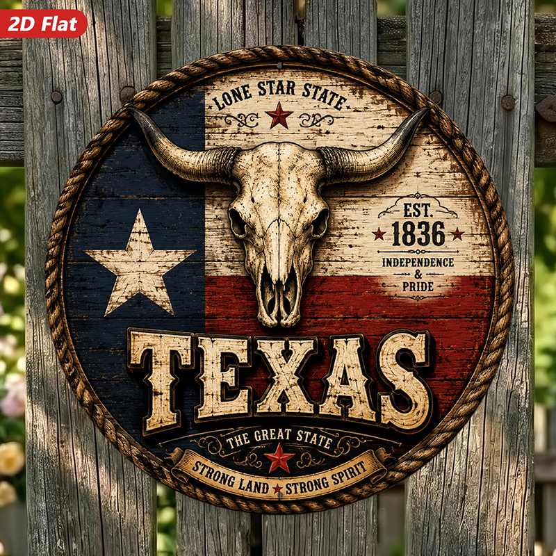 TEMU 2d Flat, 1pc Round Metal Sign Wall Art, Texas The Early State Theme Wall Art, Longhorn , Star Element, Western Style, Home Decor, For Living