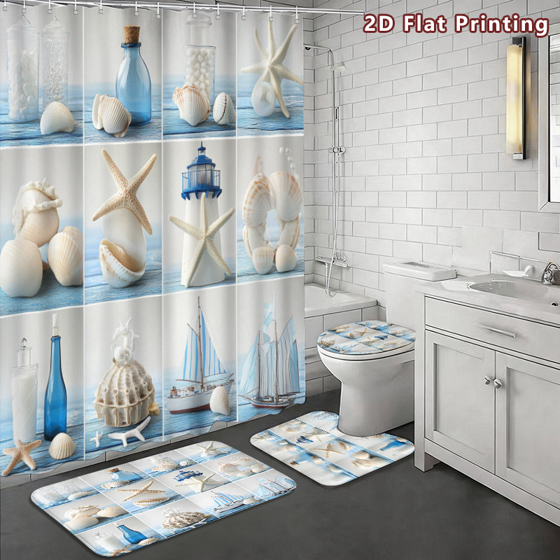4pcs Rustic Blue & White Seashell Shower Curtain Set with Accessories