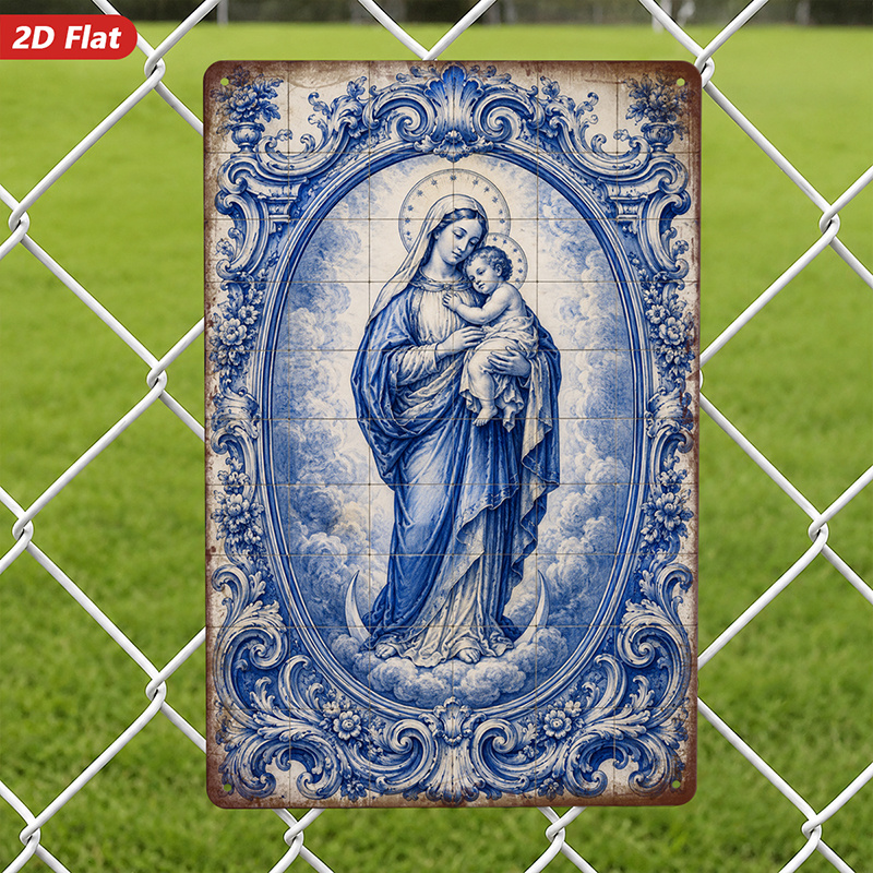 TEMU 2d Flat 1pc Wooden Hanging Sign Wall Decor, Mary And Jesus Ceramic Tile Painting - Blue And Scheme Design, Religious Art, Luxurious Style Home