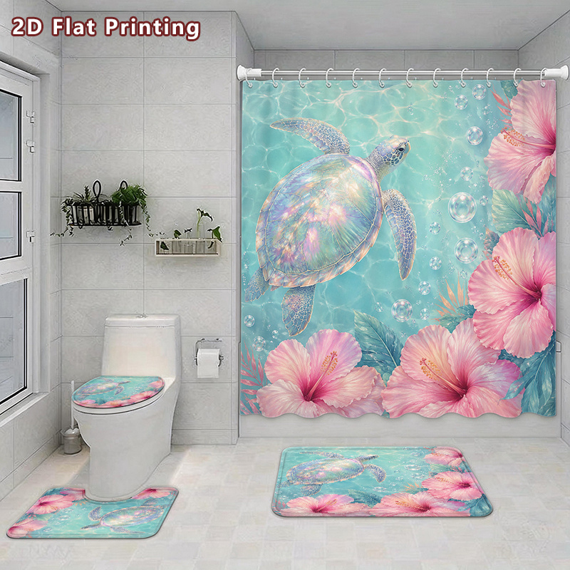 4pcs Iridescent Sea Turtle Shower Curtain & Bath Mat Set