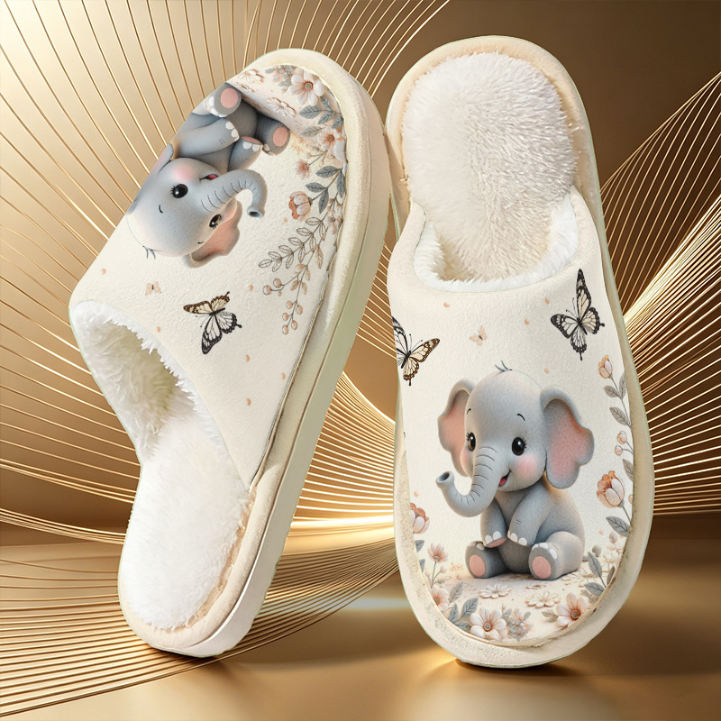 TEMU Elephant Floral Print Light Slippers, Elegant Illustration Style Unisex Fashion Indoor/outdoor Slippers, Suitable As Birthday Gifts, Women's