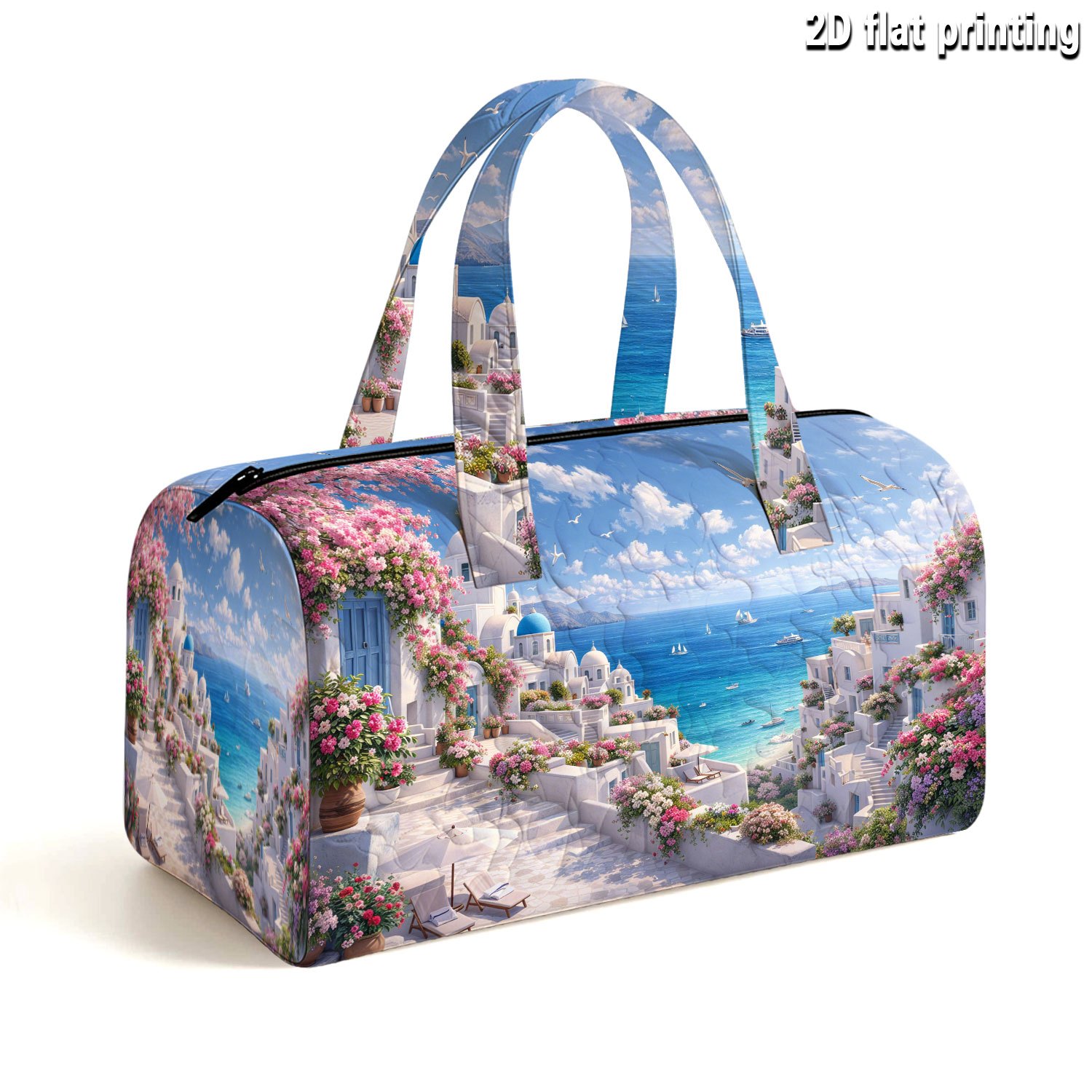 TEMU A Santorini-style Printed Quilted Travel Bag, A Unisex Quilted Fashion Luggage Tote, A Large-capacity Printed Handbag, A Portable Gym Tote,