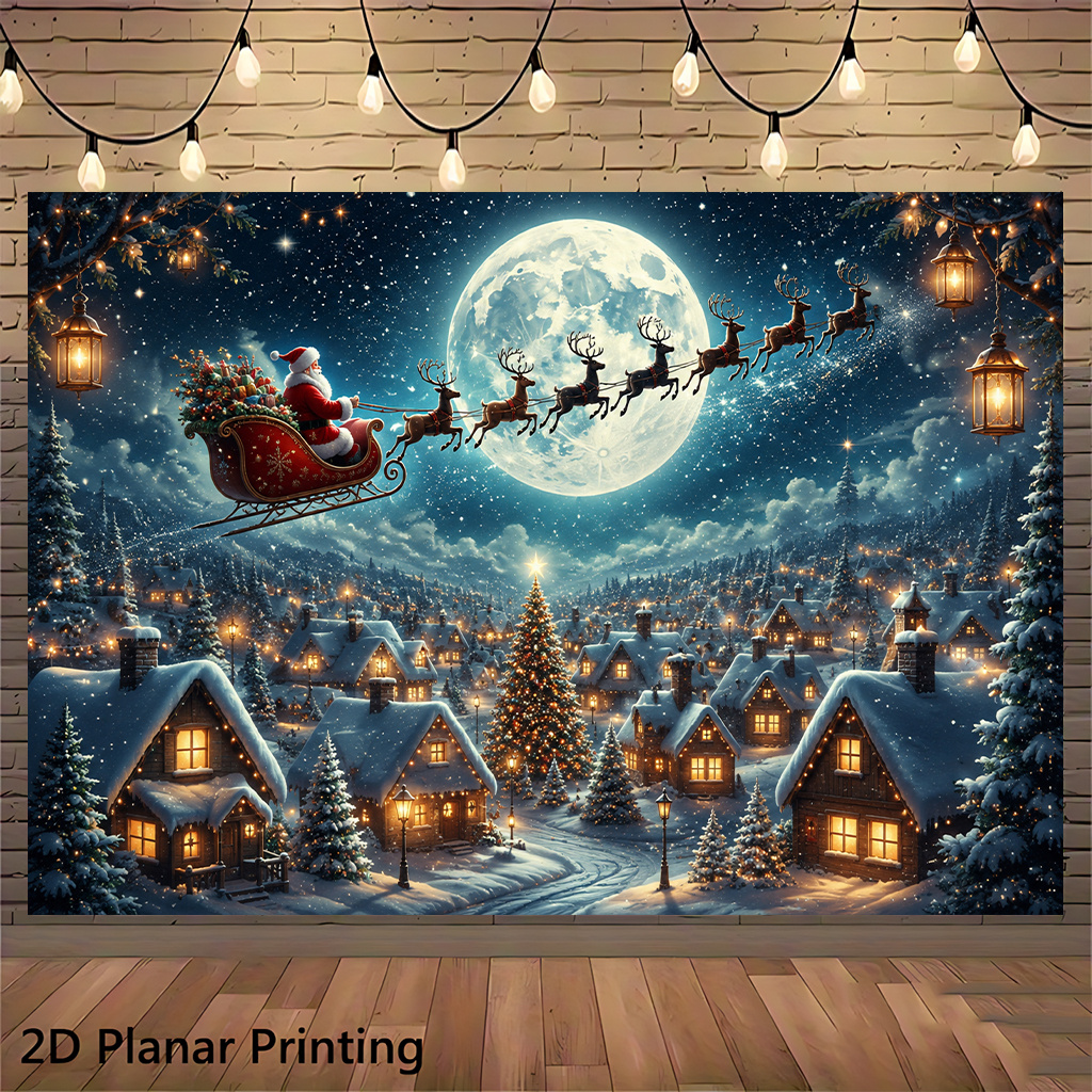 TEMU 2d Flat, 2d Flat - 2d Flat, 2d Flat - 2d Flat Banner 1pc, Santa Sleigh Flying Night, Polyester Fiber Party Backdrop, Suitable For Multiple