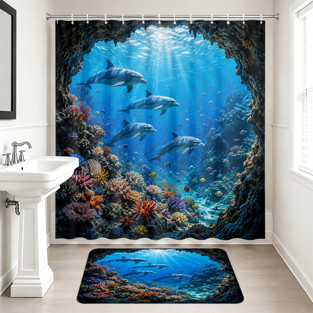 2pcs Ocean Dolphins Shower Curtain Set, Vibrant Coral Reef Decor