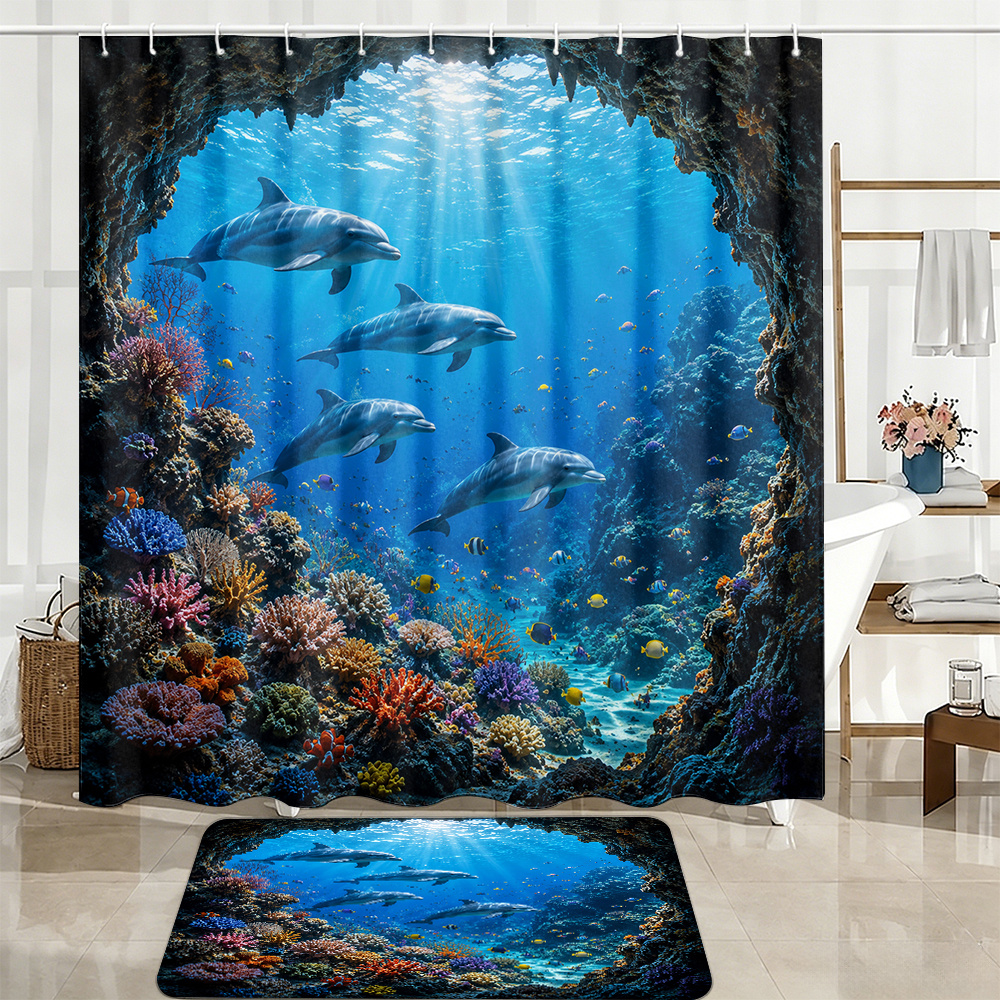 2pcs Ocean Dolphins Shower Curtain Set, Vibrant Coral Reef Decor