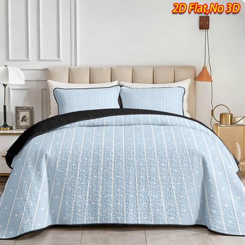 2 3pcs 2d flat light blue thin stripe and white polka dot pattern bedspread set 1 2pcs pillowcases 1pc bedspread multiple sizes bedroom hotel dorm bedding decoration luxury bedding gift for for valentines day