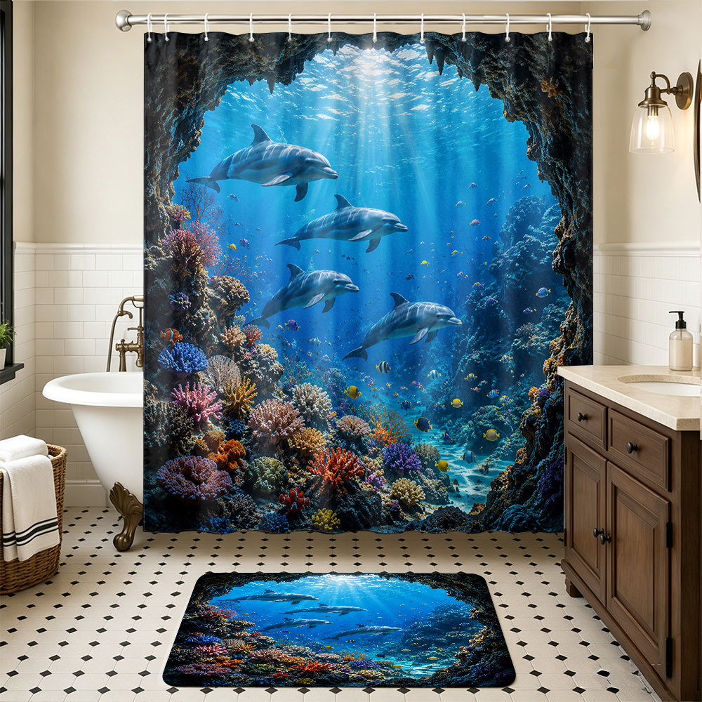 2pcs Ocean Dolphins Shower Curtain Set, Vibrant Coral Reef Decor