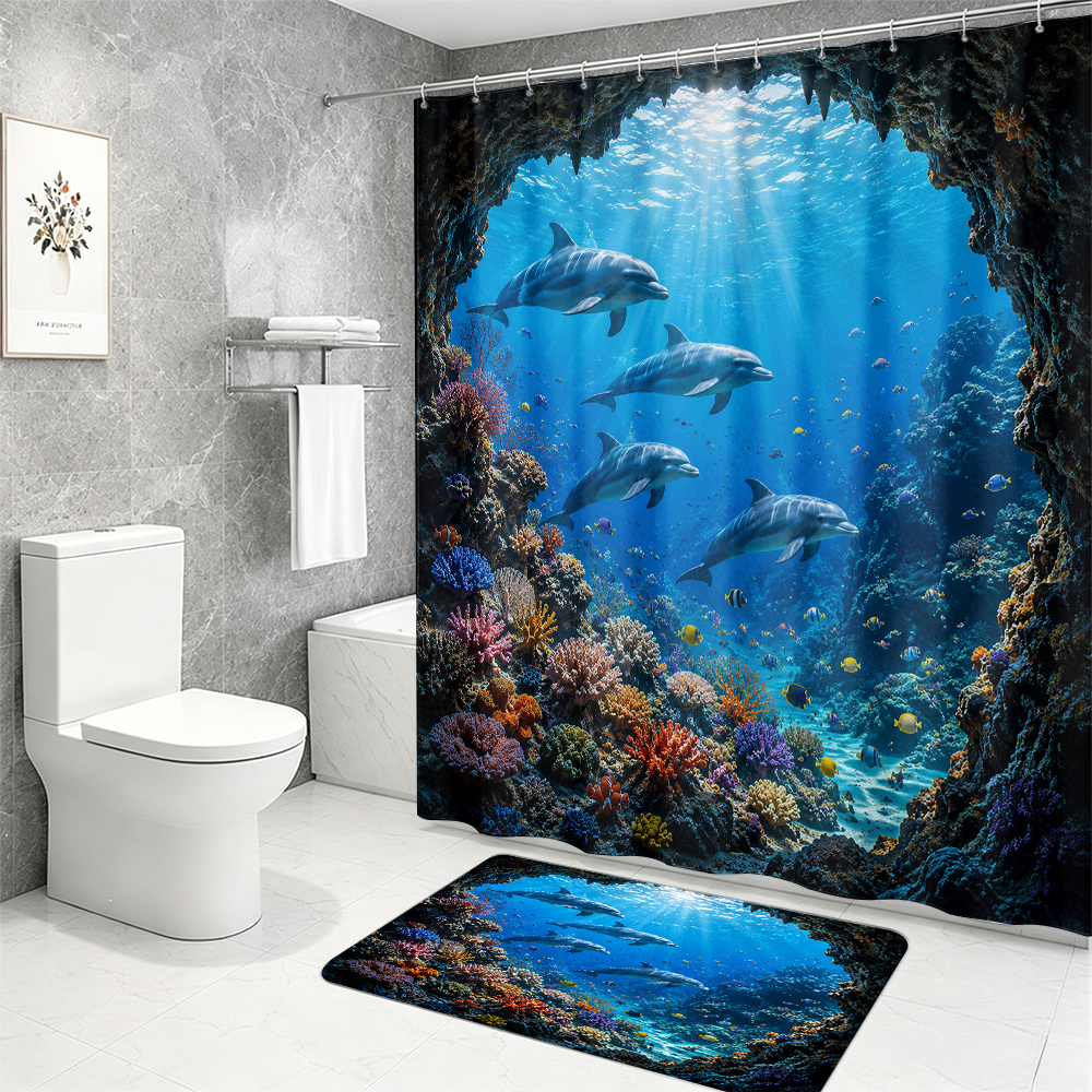 2pcs Ocean Dolphins Shower Curtain Set, Vibrant Coral Reef Decor