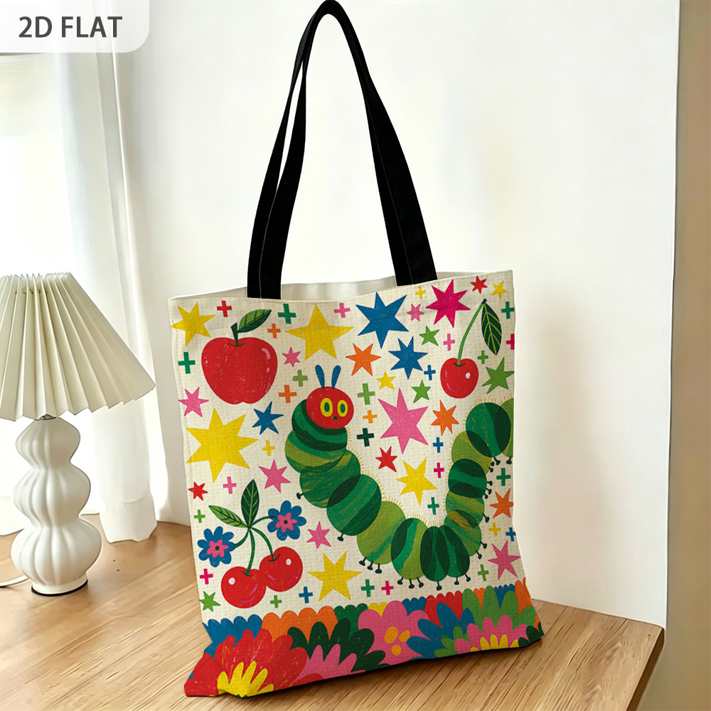 TEMU 1pc Green For Caterpillar Flower Double-sided Printed Tote Bag, Durable Rectangular Foldable Reusable 2d Flat Tote, For Daily Commuting, Gifts,