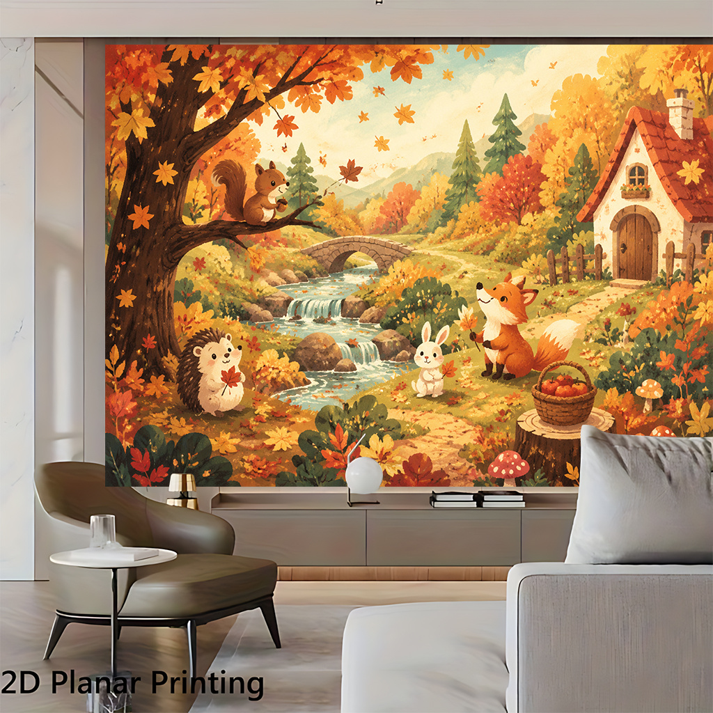 TEMU 2d Flat, 1pc Autumn-themed Animals Suitable For Occasions Backdrop - Square Fall Banner With, Deer & Woodland Animals For Parties, Photo