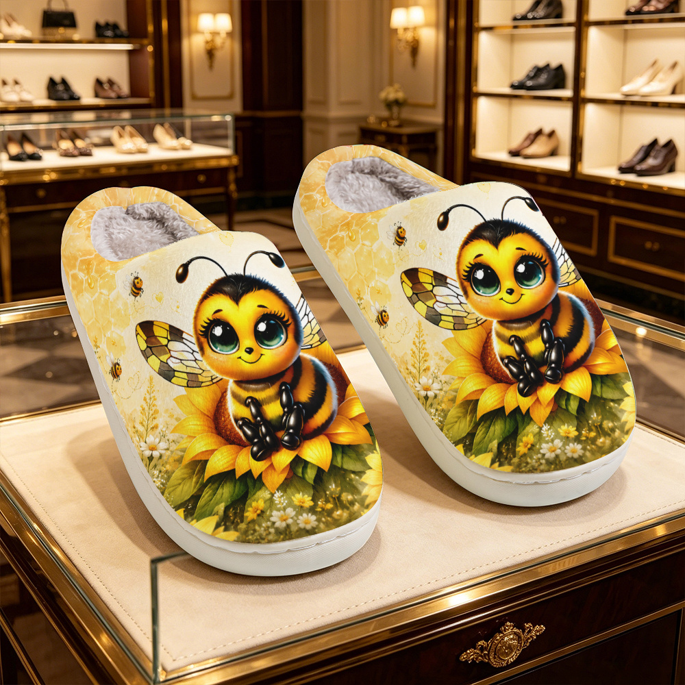TEMU Wide-toe Bee & Sunflower Honeycomb Slippers - Plush Indoor/outdoor House Suitable For , Soft Tpr Sole With Design, Luxury Suitable For Guest