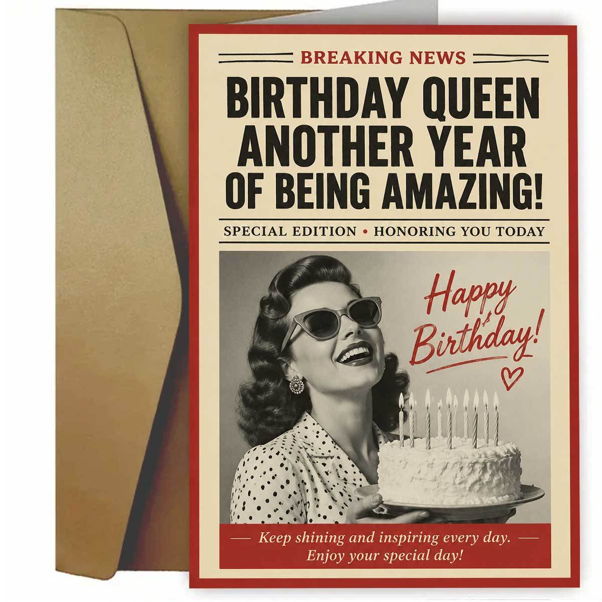 TEMU 1pc Vintage-style Birthday Card Featuring An Wearing Fashion Glasses Holding A Cake, With Newspaper-style Text "birthday Queen". Suitable For