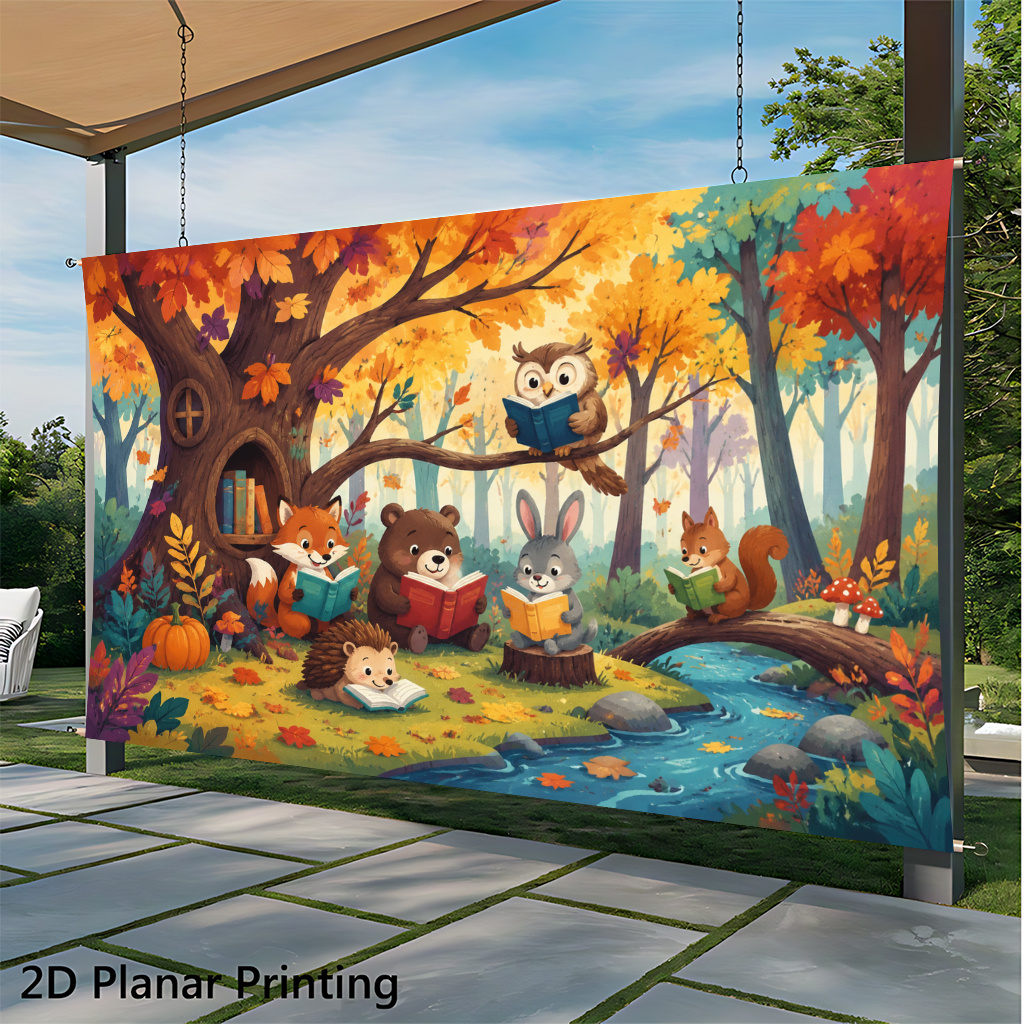 TEMU 2d Flat, 2d Flat - 2d Flat Banner 1pc, Forest Animals Reading Books, Polyester Fiber Party Backdrop, Photography Props Party Decorations, Fall