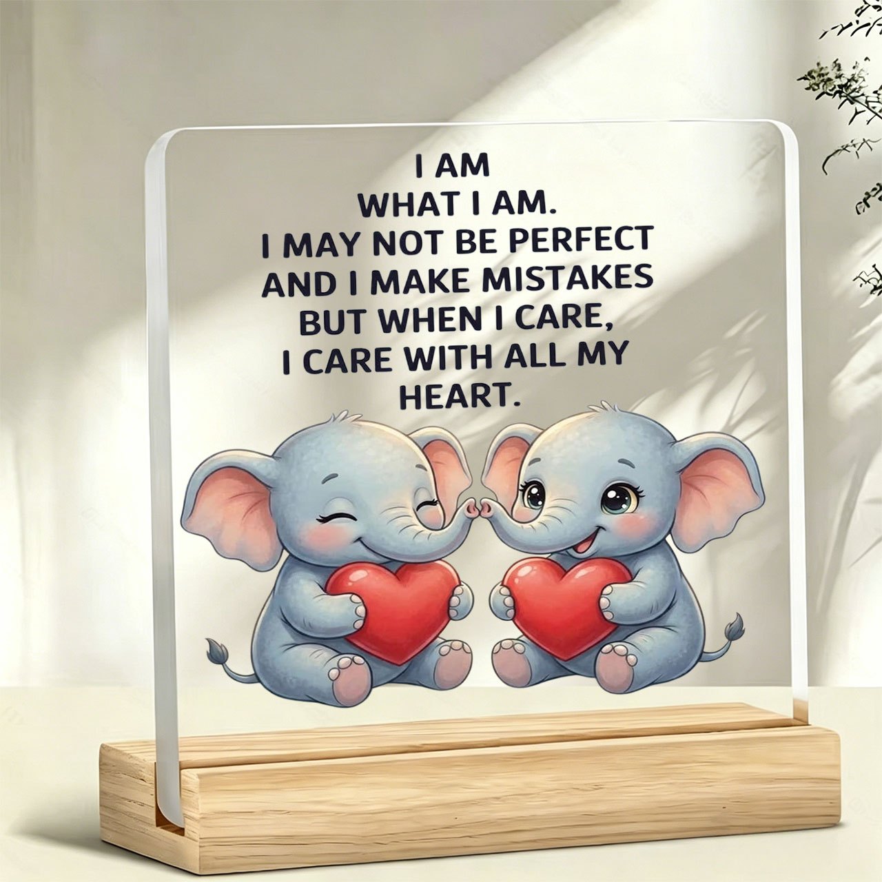 TEMU [2d Flat] Cartoon I Am Slogan 1pc Ornament, Warm And Inspirational Slogan, Acrylic Ornament With Wooden Base, Paperweight, Office Desktop