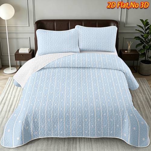 item picture 2 3pcs 2d flat light blue thin stripe and white polka dot pattern bedspread set 1 2pcs pillowcases 1pc bedspread multiple sizes bedroom hotel dorm bedding decoration luxury bedding gift for for valentines day