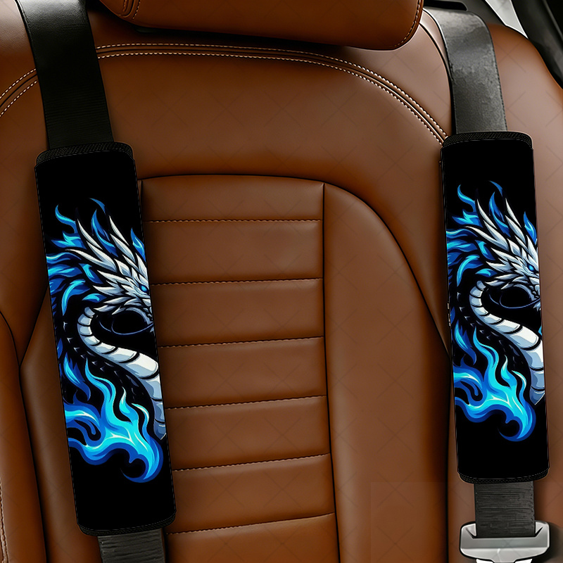 TEMU 2pcs Blue- Dragon Car Seat Belt Covers, , Multifunctional Seat Belt Covers, Soft Polyester Padding, Usable For Seatbelts And Bags, Stylish