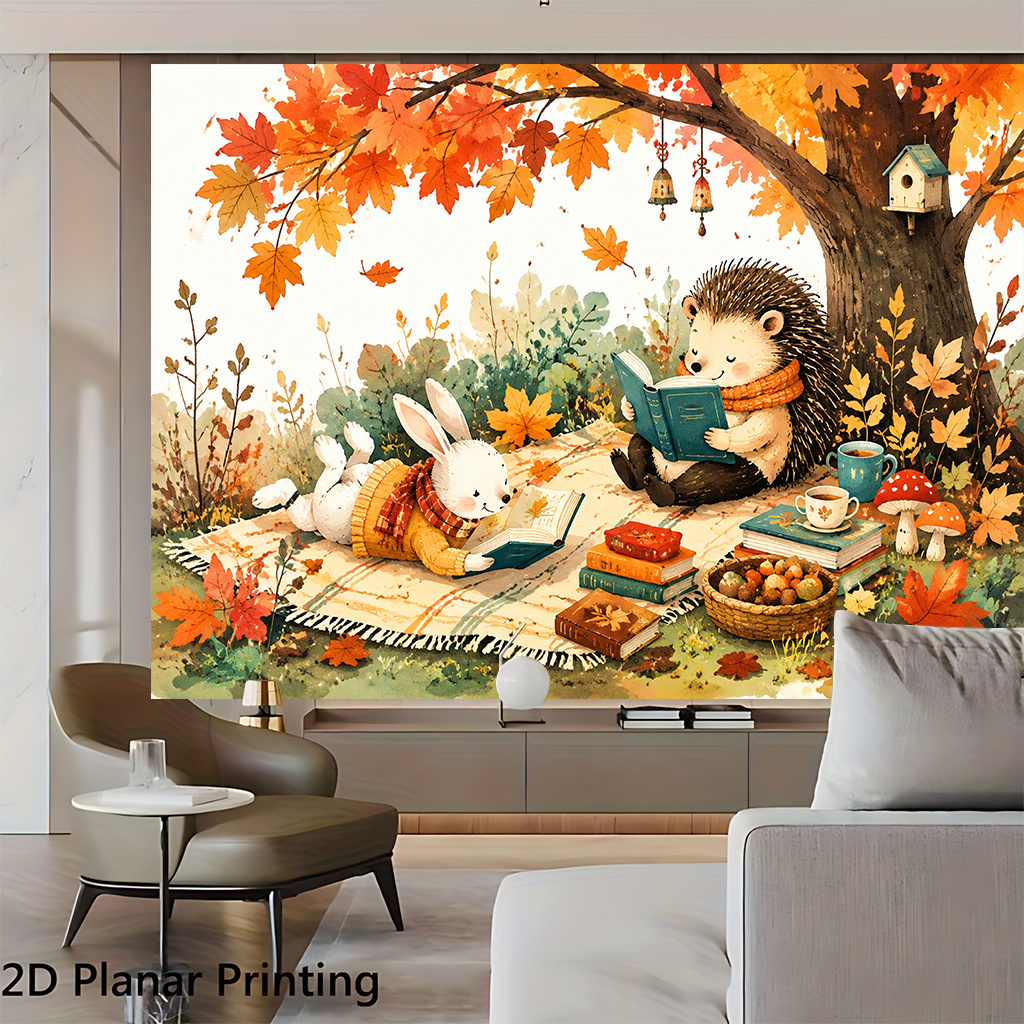 TEMU 2d Flat, 2d Flat Banner 1pc, Animals Reading Under Tree, Party Backdrop, Photography Props Party Decorations, Fall Celebration Back-to-