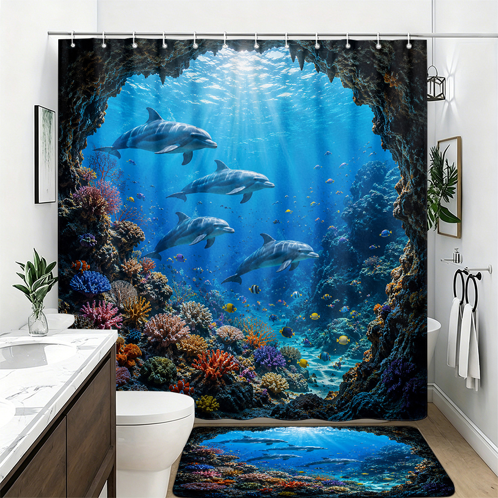 2pcs Ocean Dolphins Shower Curtain Set, Vibrant Coral Reef Decor