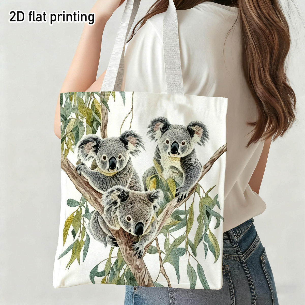 TEMU 1pc, 2d Flat, Koala Bear Tote Bag, Double-sided Print, Cute Koala On Eucalyptus Branches, Printed Tote Bag, Shopping, Groceries, Beach, Daily