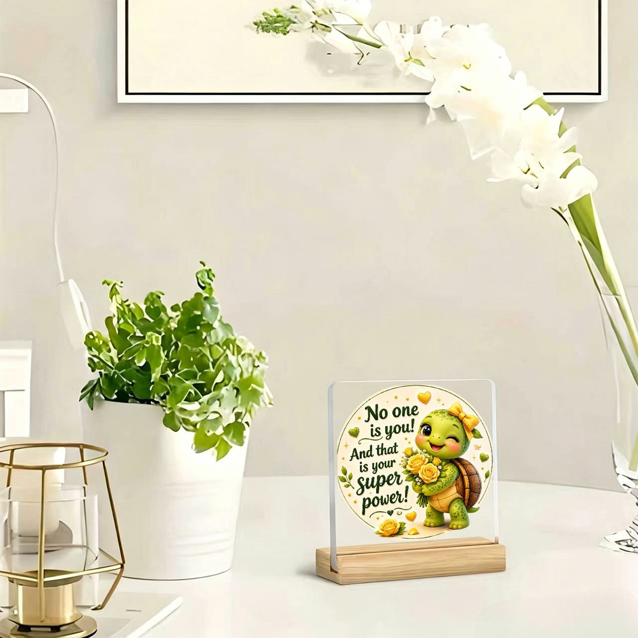 TEMU Cartoon Turtle "" Slogan 1pc Ornament, Warm And Inspirational Slogan, Acrylic Ornament, With Wooden Base, Paperweight, Office Desk Ornament,