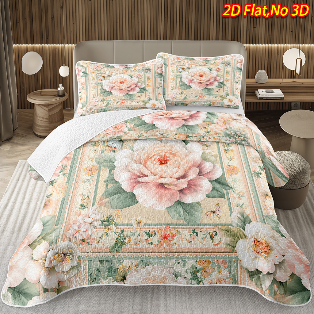 TEMU 2/3pcs 2d Flat Printing Romantic And White Floral Themed Bedspread Set, Versatile Bedding Comforter Bed Cover Complete Set, Bedroom Dormitory