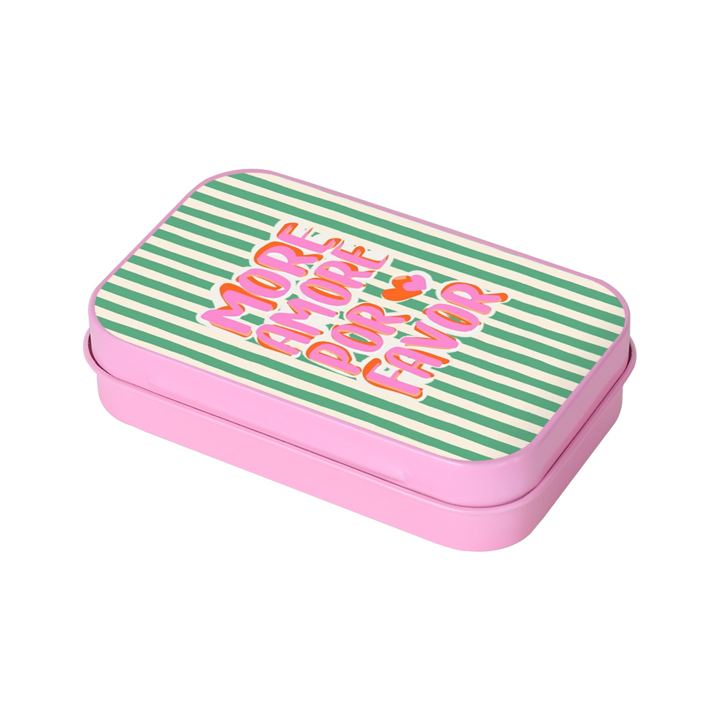TEMU 1pc Pink Metal Tin Box, Mini Lidded Storage Bins With Striped And Lettering Pattern, Storage Organizer, Storage Container For Bedroom, Office,