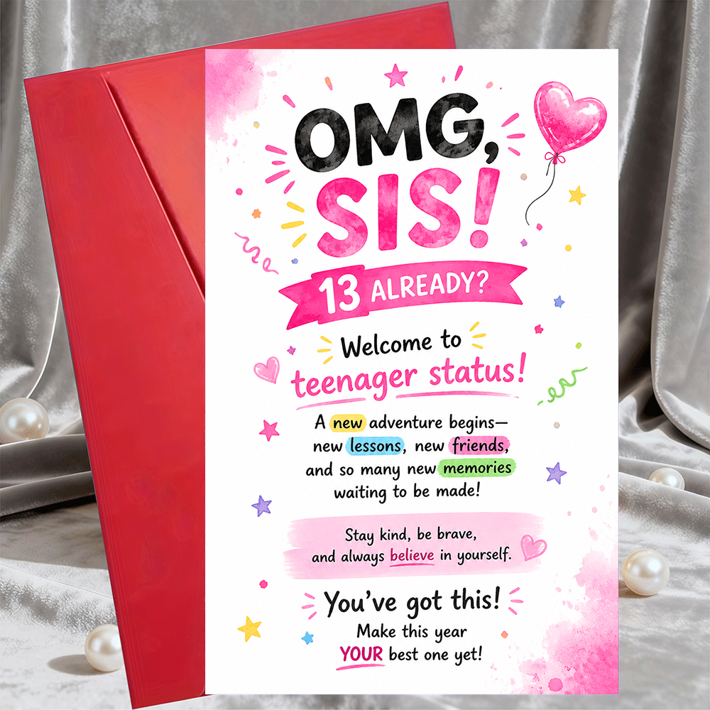 TEMU 1pc Greeting Card And 1pc Envelope Funny Birthday Greeting Card For Sister Turning Years Old Cute Flat Paper Card For Teenager Birthday Party