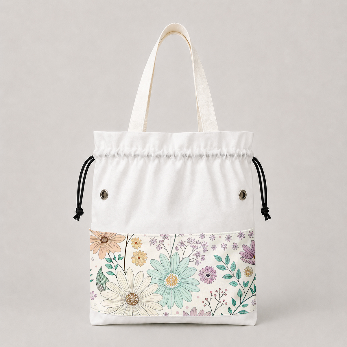 TEMU 1 sac de rangement pour fil à cordon, sac fourre-tout au crochet avec imprimé floral de marguerites pastel et trous, organisateur de de , grand