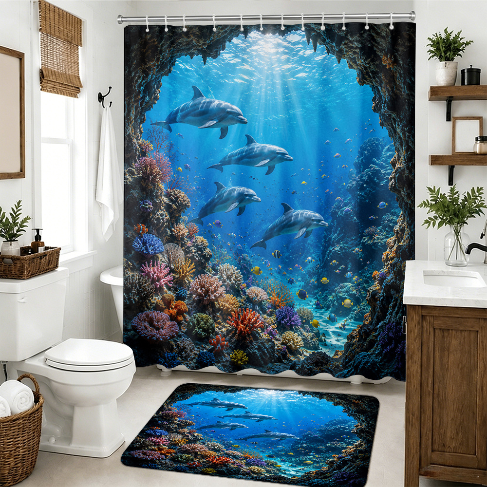 2pcs Ocean Dolphins Shower Curtain Set, Vibrant Coral Reef Decor