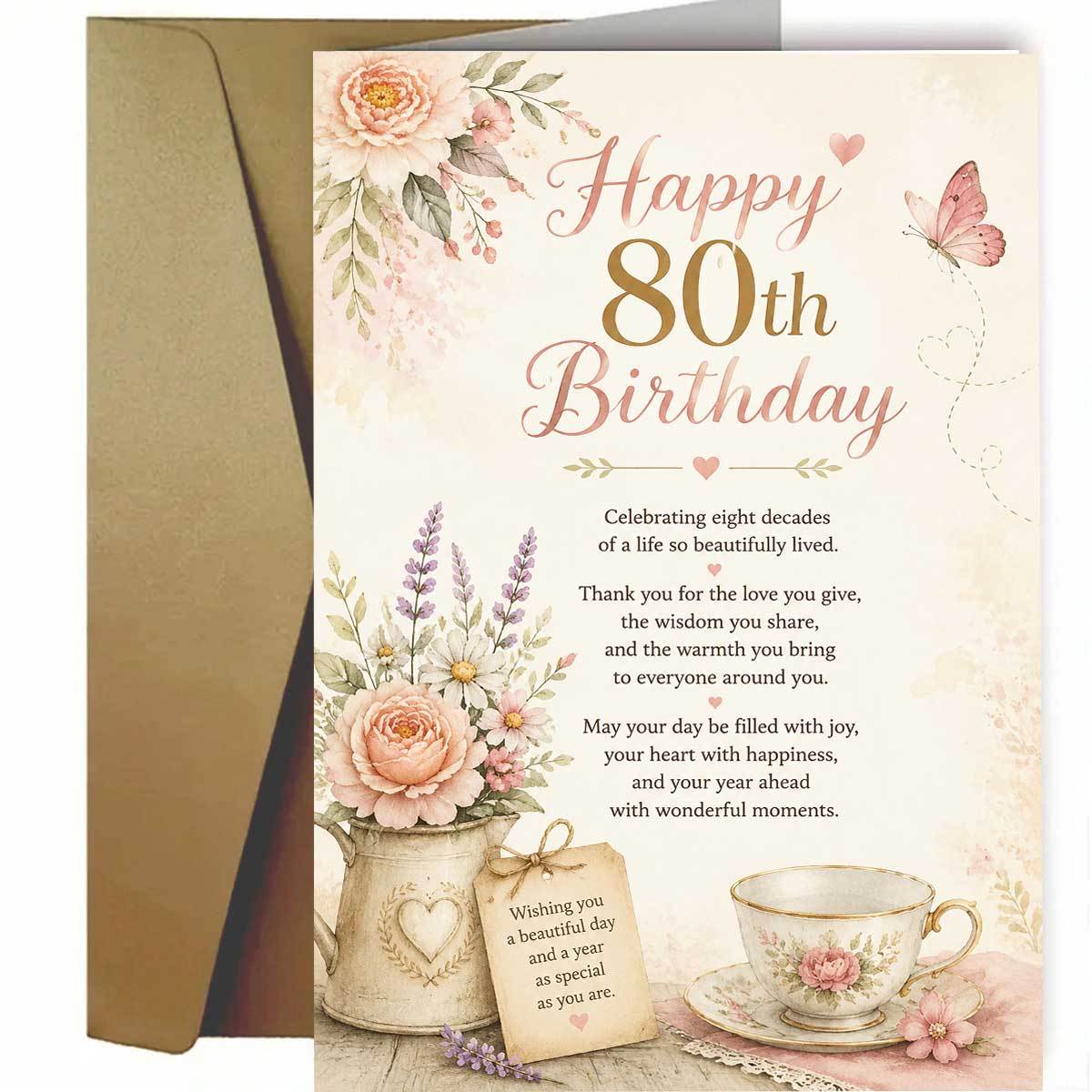 TEMU 1pc Elegant Floral Teacup 80th Birthday Card, Featuring A Delicate Pink , An Exquisite Teacup, And Fluttering Butterflies, Printed With "happy
