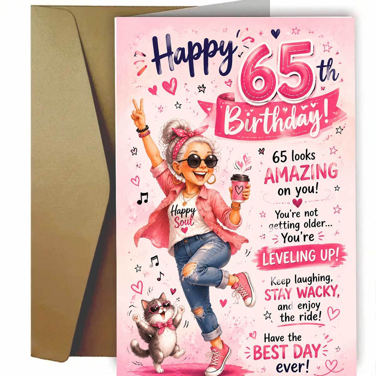 TEMU 1pc Fashionable And Women's 65th Birthday Card, Depicting A Trendy Lady With Sunglasses And Pink Coat And A Cute Cat Joyfully Jumping, With