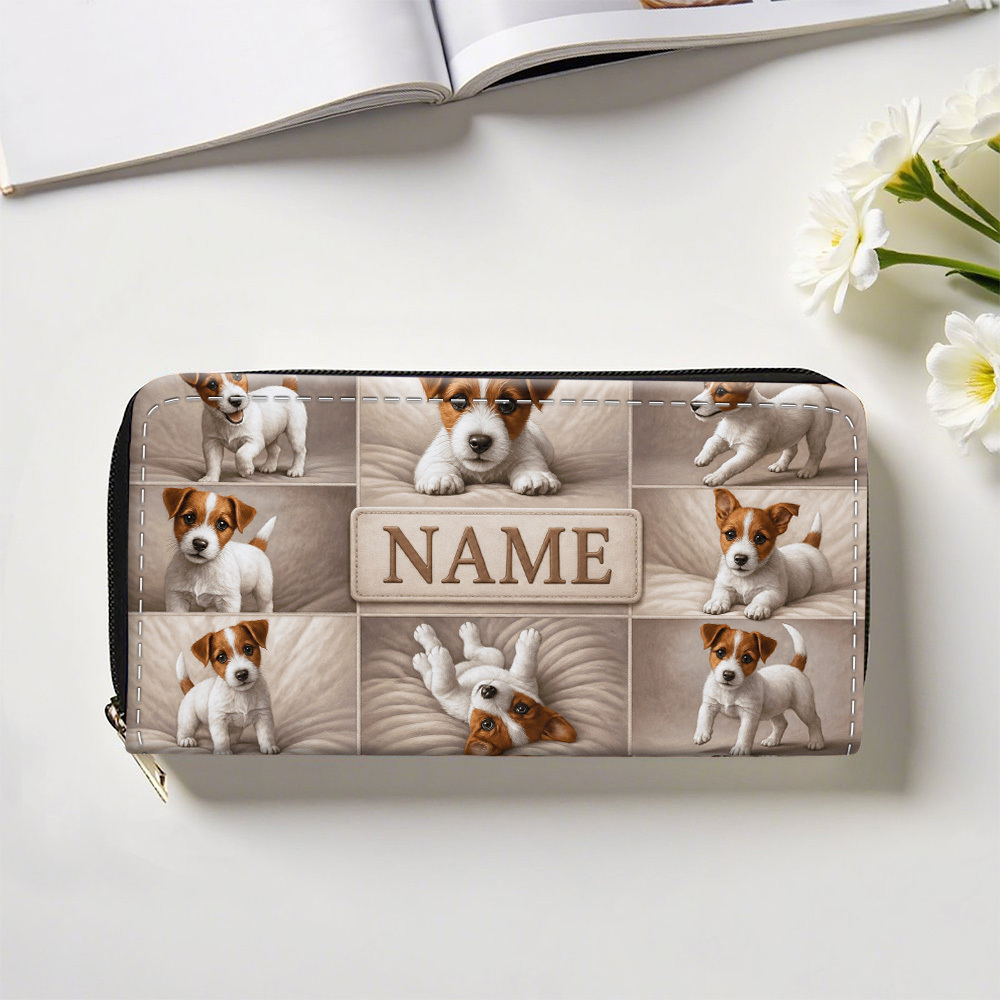 TEMU Customized 1pc Puppies 2d Flat Pattern Long Wallet With Zipper, Custom Name/text Purse With Card Slots And Coin Pouch, Multifunctional