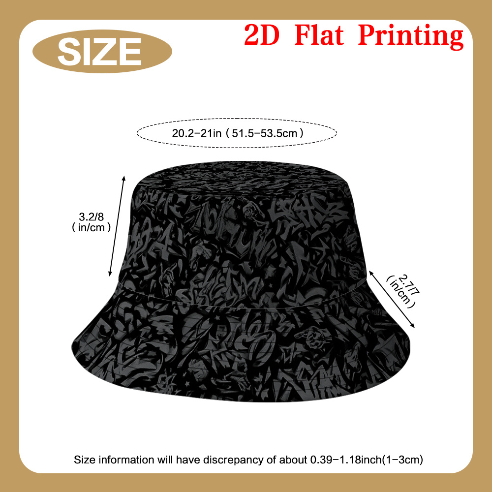 TEMU 2d Flat, 1pc Black Graffiti Style Artwork Pattern Unisex Novelty Fisherman Hat -season Suitable For Durable Fabric Hat For Long- Daily Use, 2d