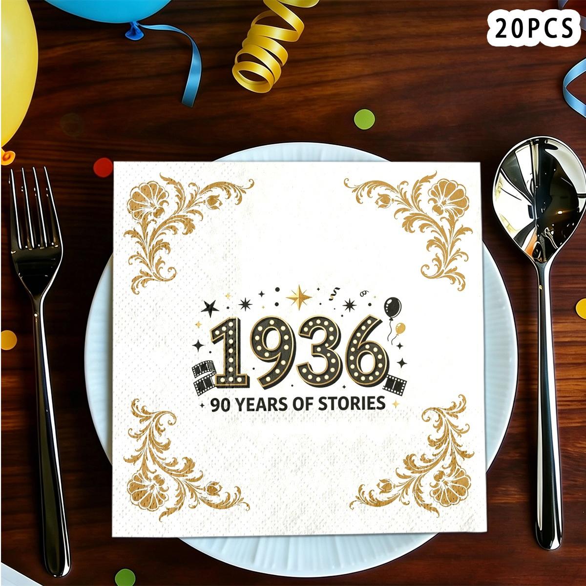 TEMU Lot de 20 serviettes de cuisine à 2 plis sur le thème du 90e anniversaire pour une personne née en 1936, serviettes décoratives, adaptées pour