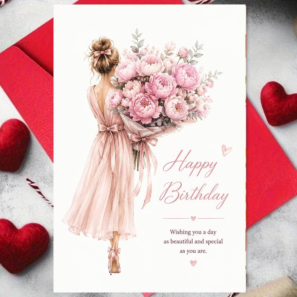 TEMU 1 Greeting Card + 1 Envelope. 2d Flat. 1pc Elegant Birthday Card For Girls, Featuring A Girl In A Pink Long Dress Holding A Large Bouquet Of .